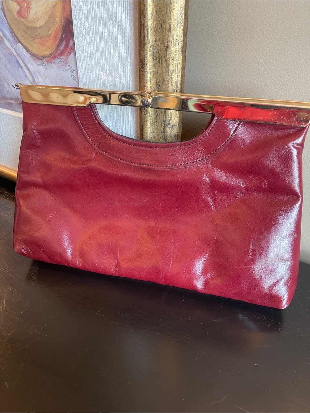 Vintage Elegant Red Leather Wristlet Clutch with Gold Frame by Letisse